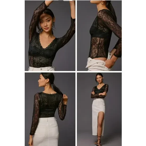 Anthropologie Long-Sleeve Sheer Lace Bodysuit Black Size XL NEW - Picture 2 of 9